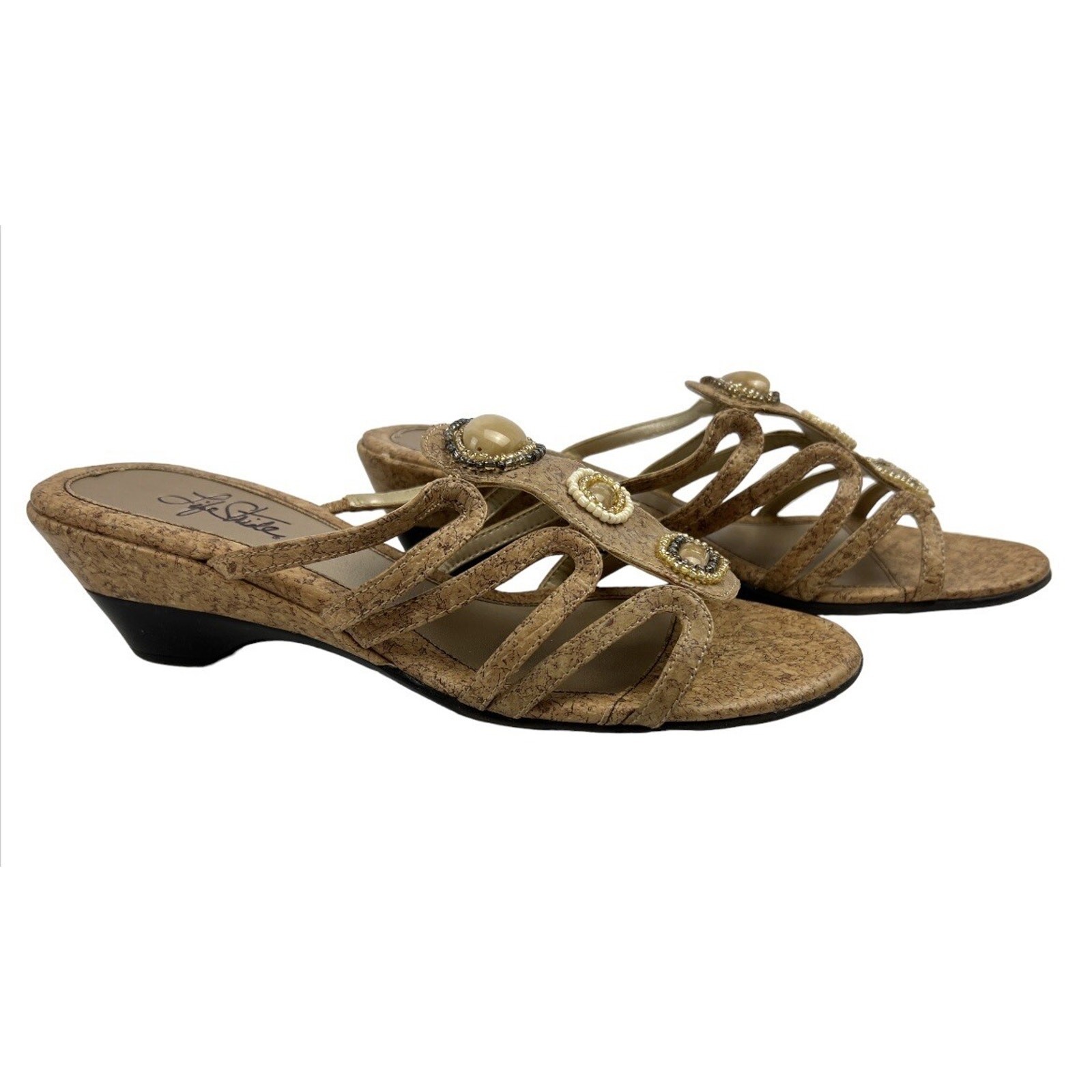 Life Stride Sandals Womens 9.5 Beige Urban Cork Wedge Strappy Slide