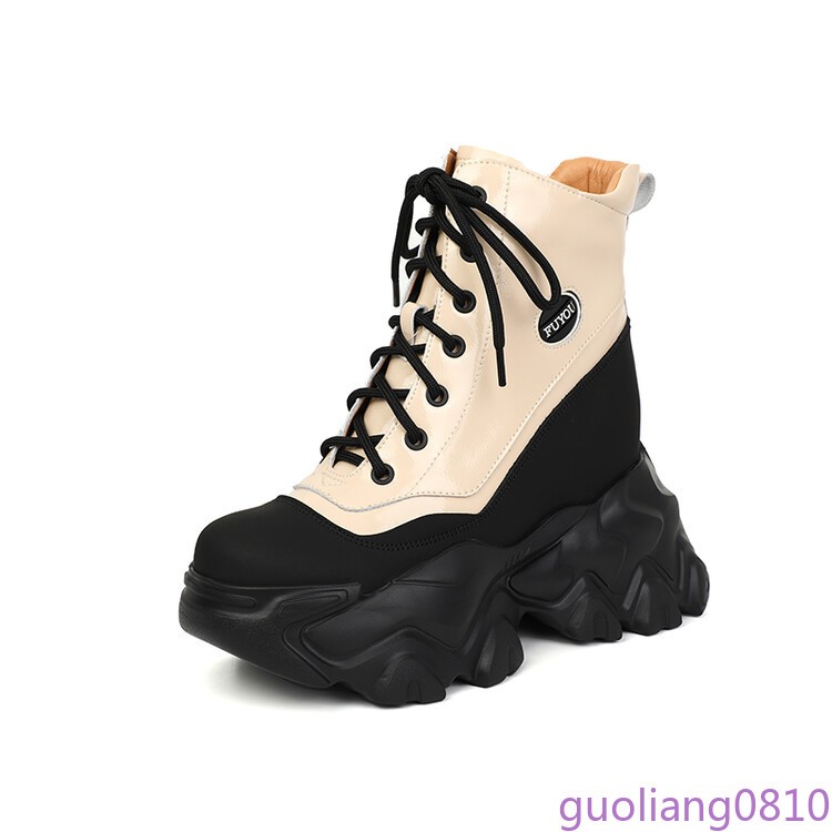 Women’s Leather Ankle Boots Lace Up Shoes Round Toe Hidden Wedge Platform Retro