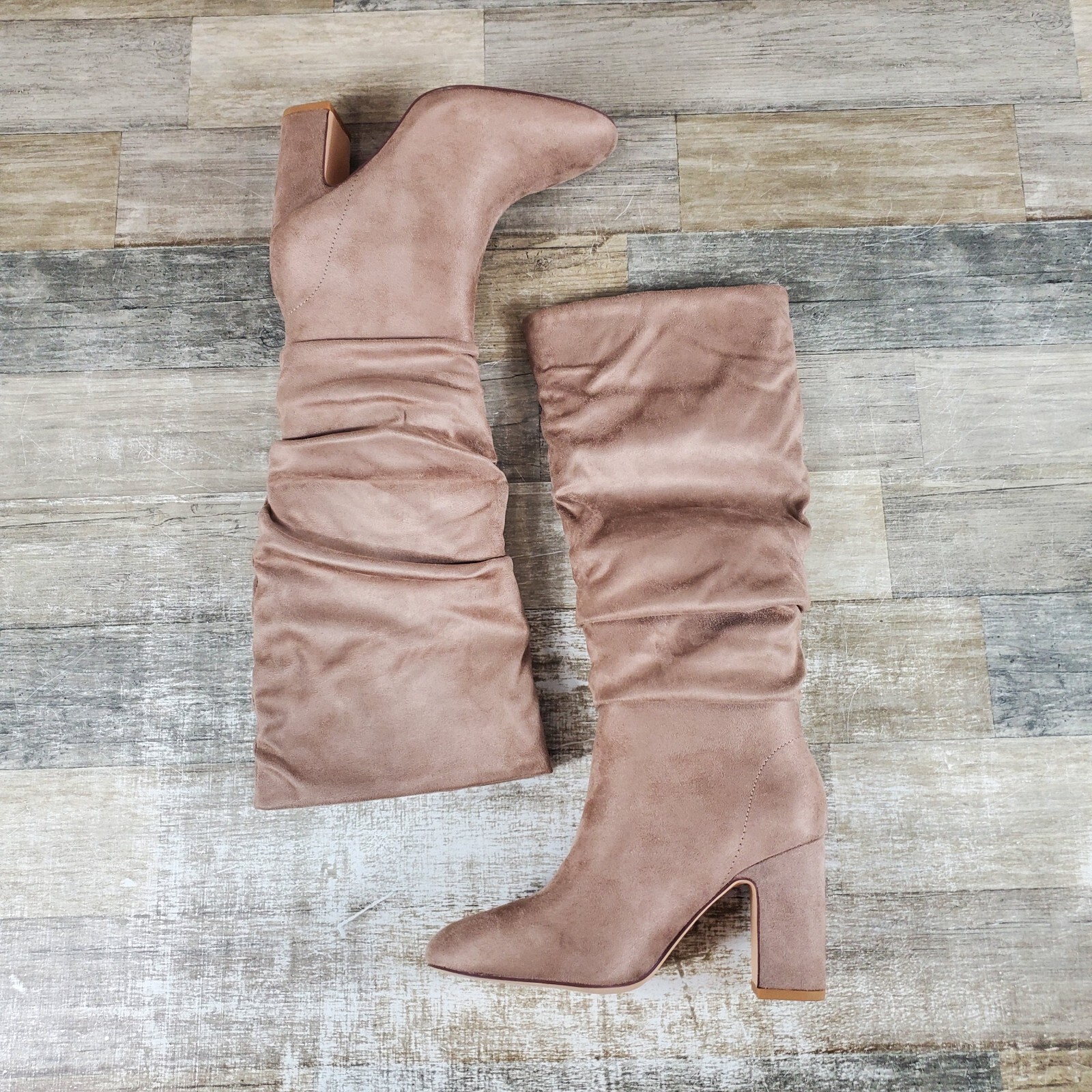 Chinese Laundry Kipton Womens Boots Sz 6 Taupe Suedette Knee High Block Pull On