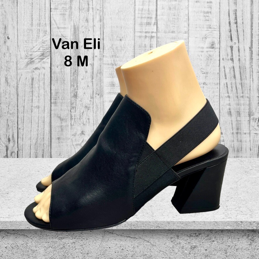 Van Eli Black Leather Open Toe Block Heel Elastic Slingback Sandals Size 8M