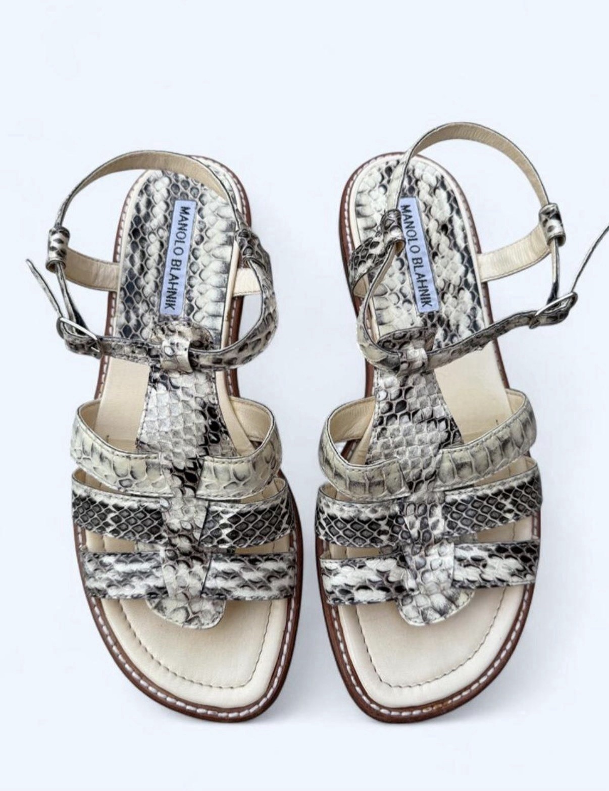 Manolo Blahnik Designer White & Black Snake Print Strappy Sandals Size EU 36.5