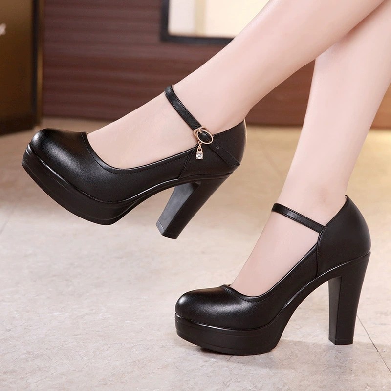 Women’s Leather Platform Block Heels Mary Jane Pump Ankle Strap Work Dress Shoes