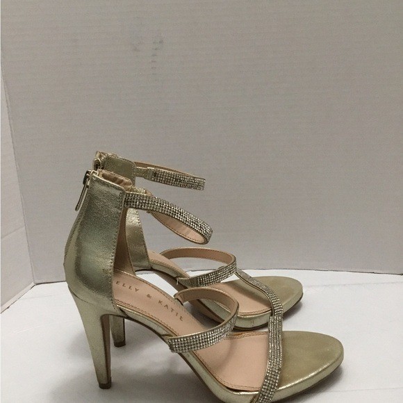 Kelly & Katie Metallic Gold Rhinestone Strappy Heels Ankle Strap Size 7.5
