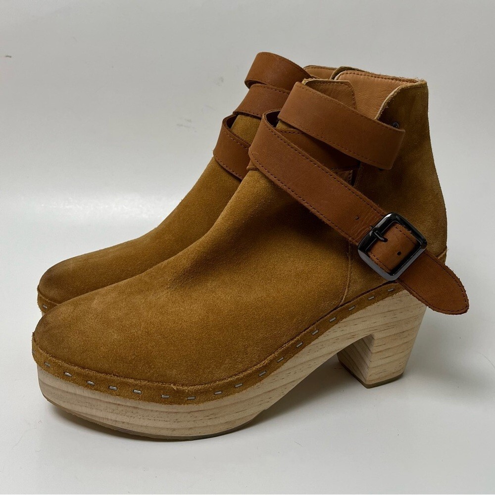 Free People Suede Wooden Clogs 10 Festival Boho Hippie Retro Tan Leather Boots
