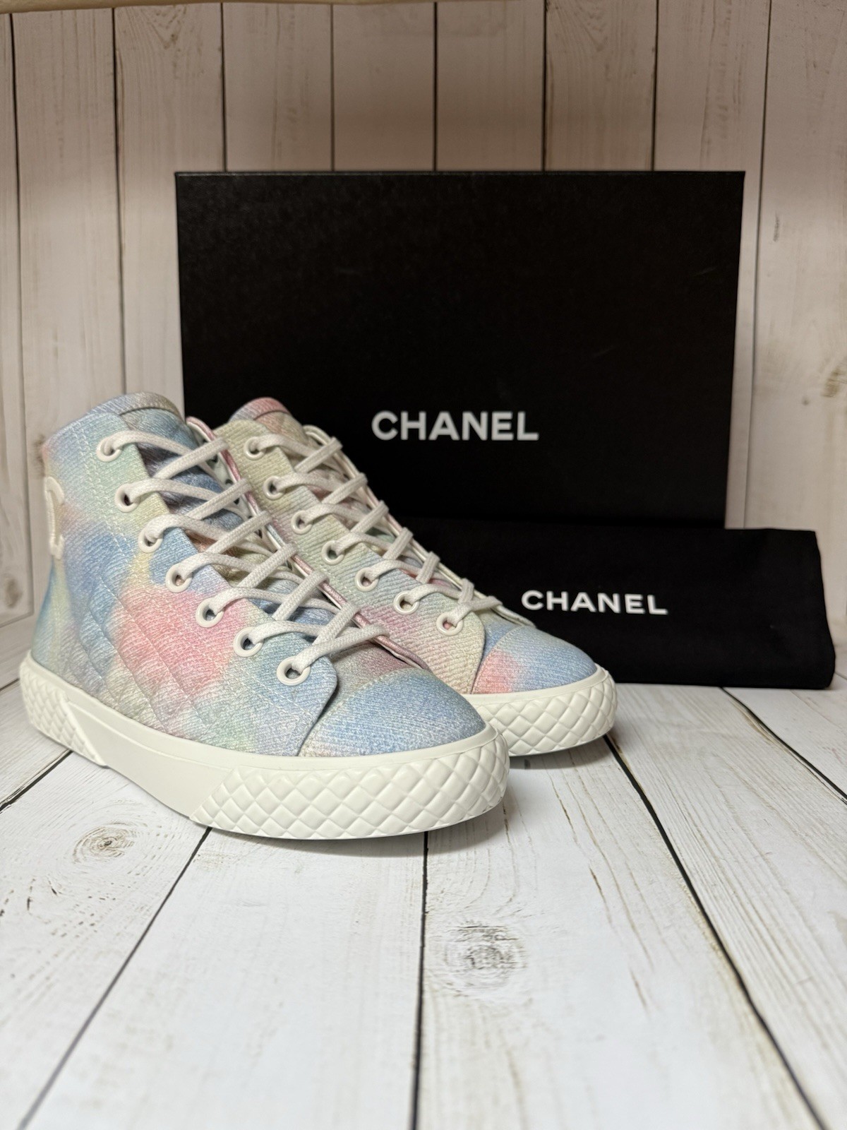 CHANEL Printed Fabric Quilted High Top Sneakers Green Pink Blue Sz 36 / 6