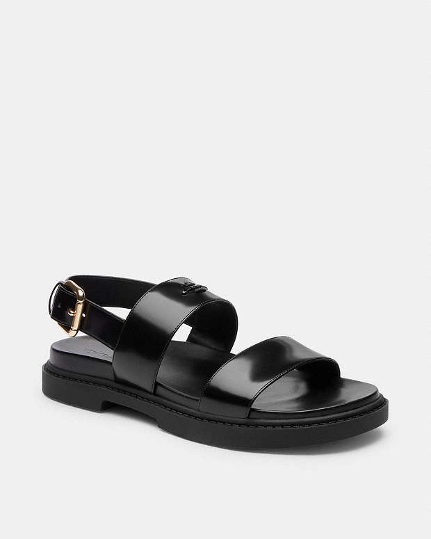 Coach Lockup Two Band Sandals Women’s Black Gold-tone Buckle Closure