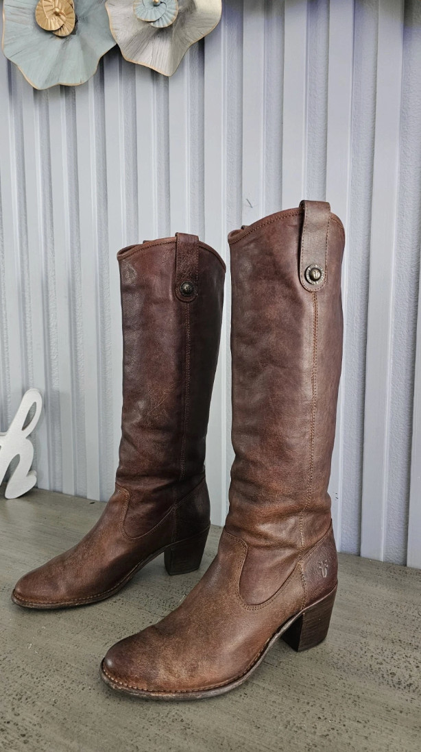 Vintage Frye Womens Jackie Button Tall Dark Brown Leather Boots Sz 7.5 / 38