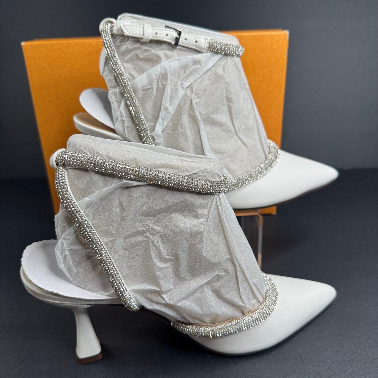 Unisa UNSEBI2 White Rhinestone Slingback Pointed Toe Flared Kitten Heels Wmns 5