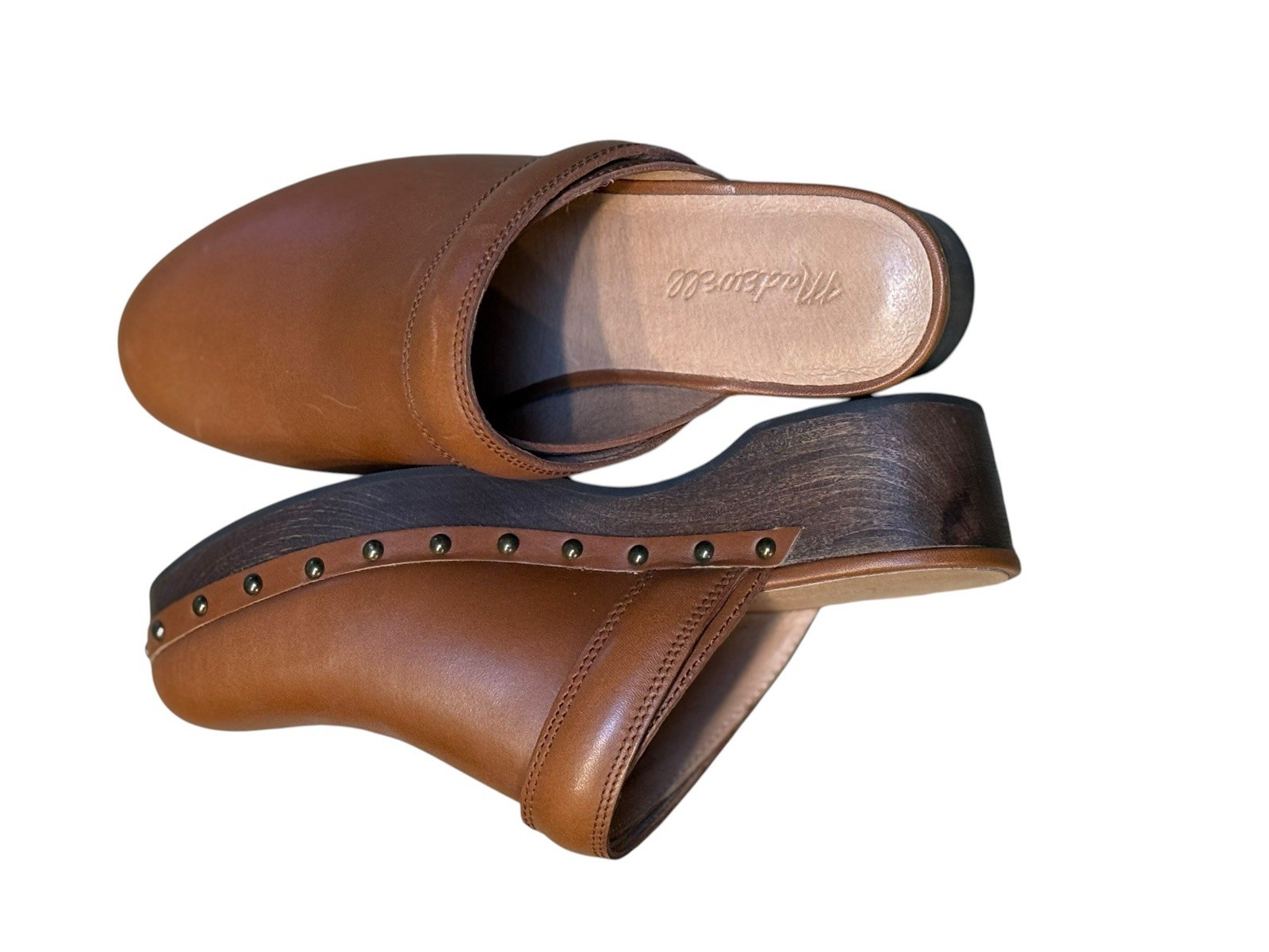 Madewell Women’s Brown Leather Studded Clog Mule Slip On Closed Toe 7 NG681