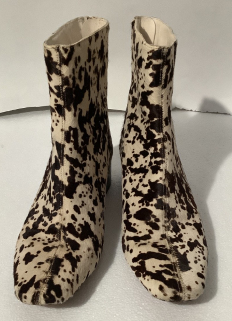J Crew Roxie Zip-back Ankle Boots in Calf Hair spotted real calf fur Sz 7