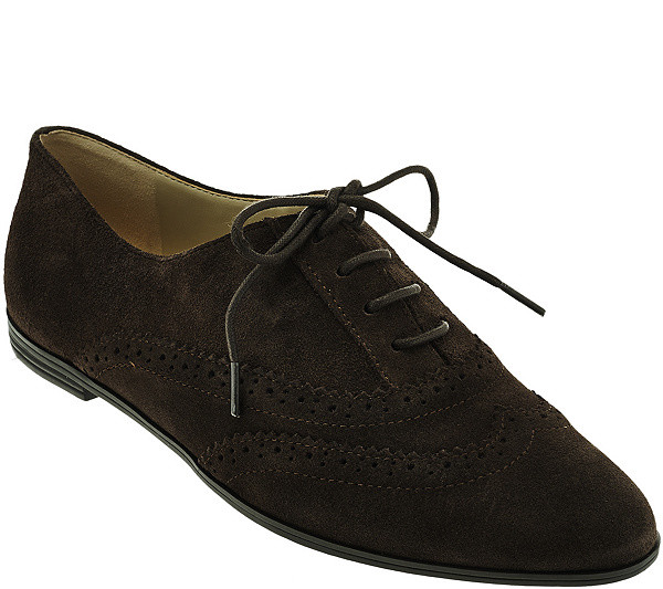 Isaac Mizrahi ‘Fiona’ Pinhole Lace Up Wingtip Oxford Flats Dark Brown Suede 6.5M