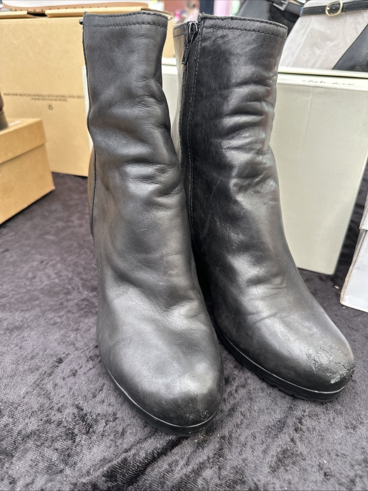 Sz 40 Vtg PRADA Black Leather Wedge Heel Boots Booties Logo Zipper