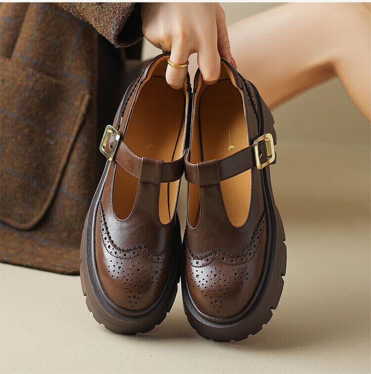 Women’s Leather Platform Mary Jane Thick Sole Dress Preppy Casual Carved Shoes