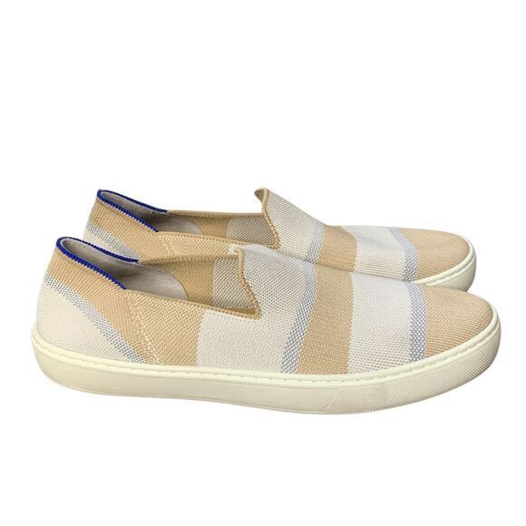 Rothy’s Birch Stripe Slip On Sneaker in tan, blue silver and white. Size 10
