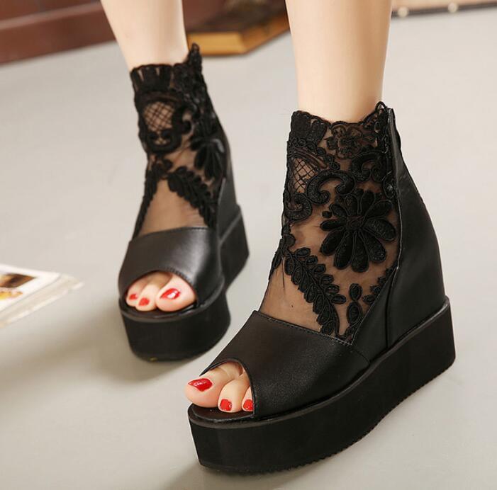 Woman Back Zipper Flowers Lace Wedge Sandals Boots Open Toe Increase Heel Shoes