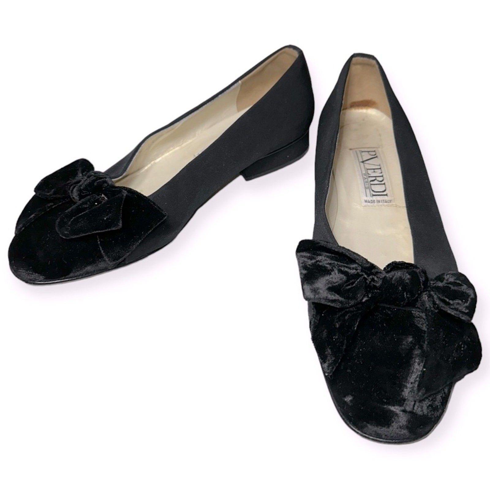 P. Verdi Paris Womens Size 37 6.5 Black Velvet Bow Cap Toe Slip On Loafers Flats