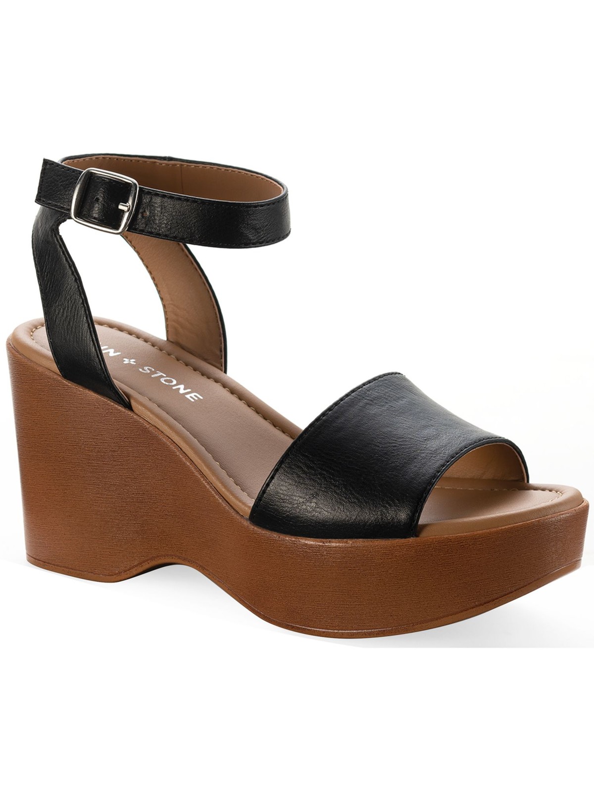 SUN STONE Womens Black 0.5″ Platform WoodAudreey Toe Wedge Slingback Sandal 10 M