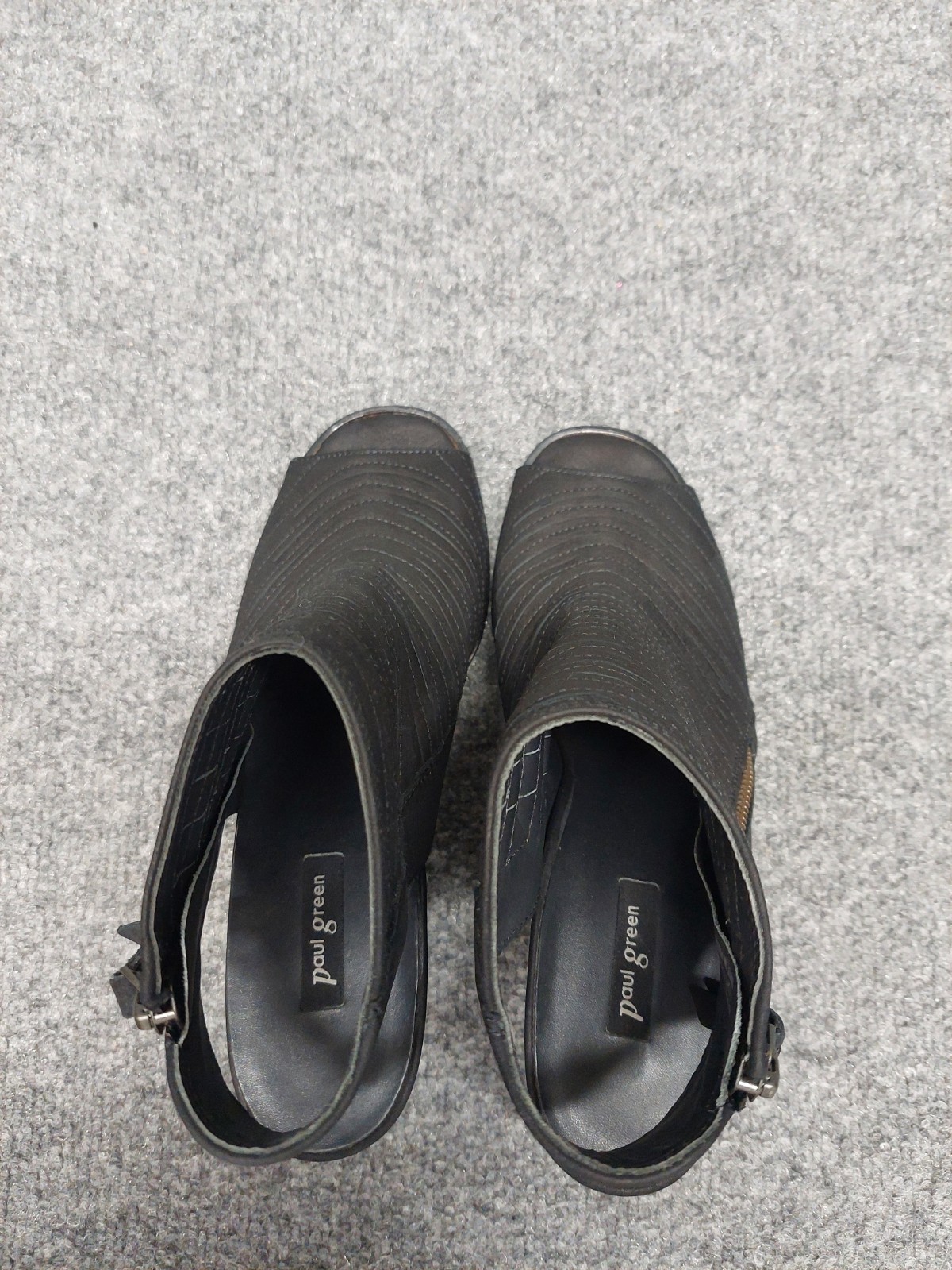 Paul Green Women Sandals 4.5 Black Zip Peep Toe Block Heel Comfort Logo Outdoor