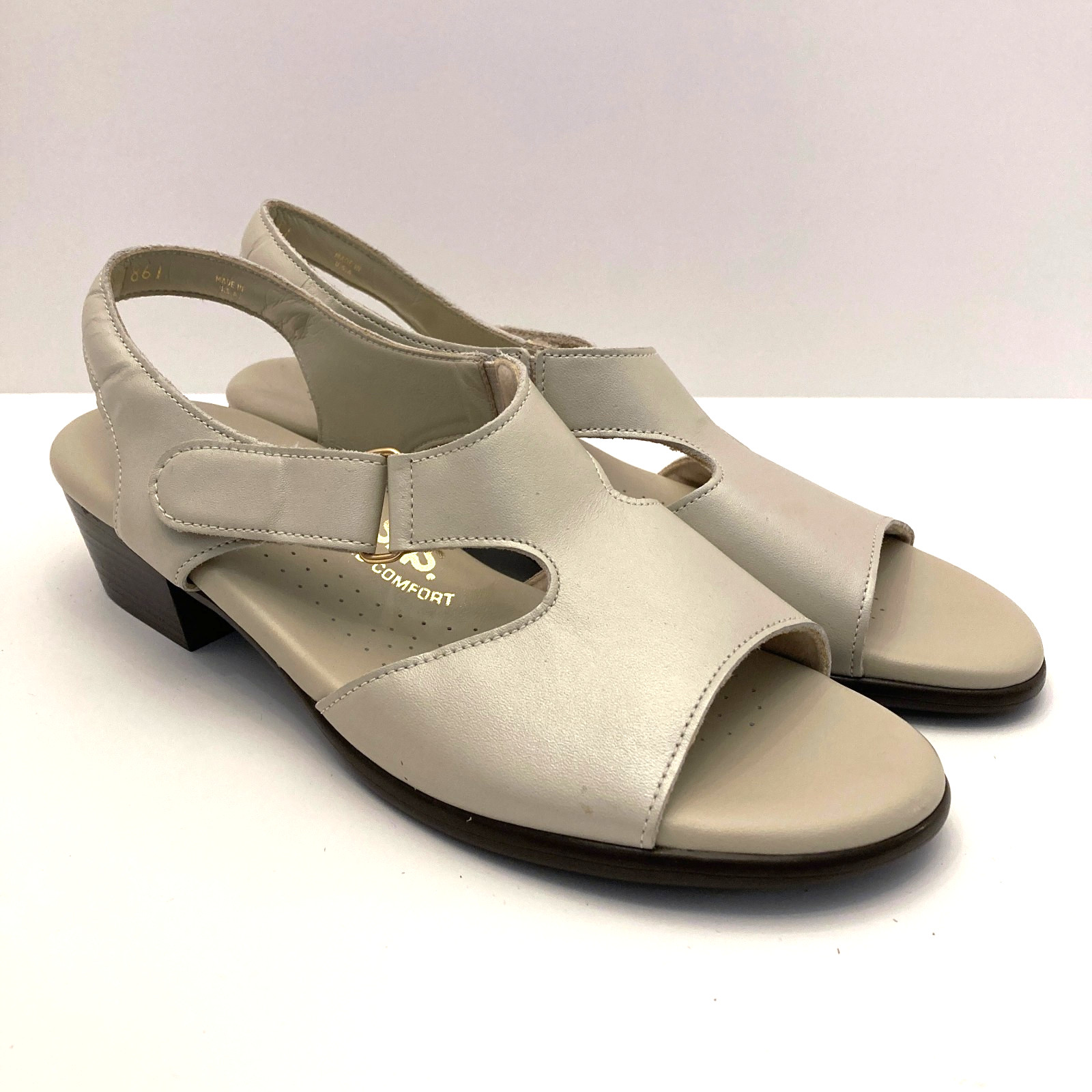 SAS Suntimer Sandal Slingback Leather Pearl Bone Womens 8 S AAA Hook & Loop