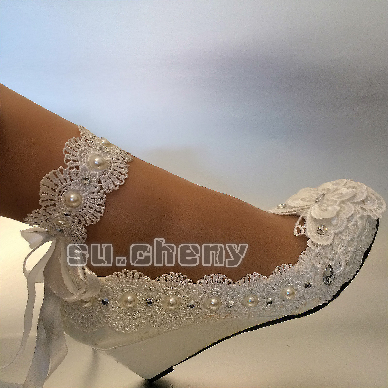 su.cheny White ivory wedge pearls lace ribbon anklet Wedding Bridal heels shoes