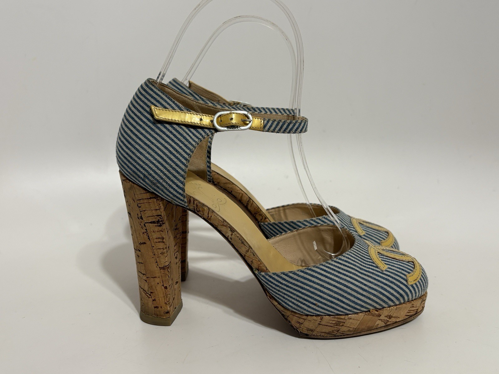 Vtg Chanel Blue CC Logo Striped Platform Heels 37