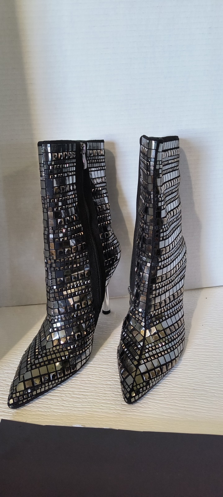 London Rag LUXE Extravagance Black Sequin Metallic Stiletto Bootie Zip 10US