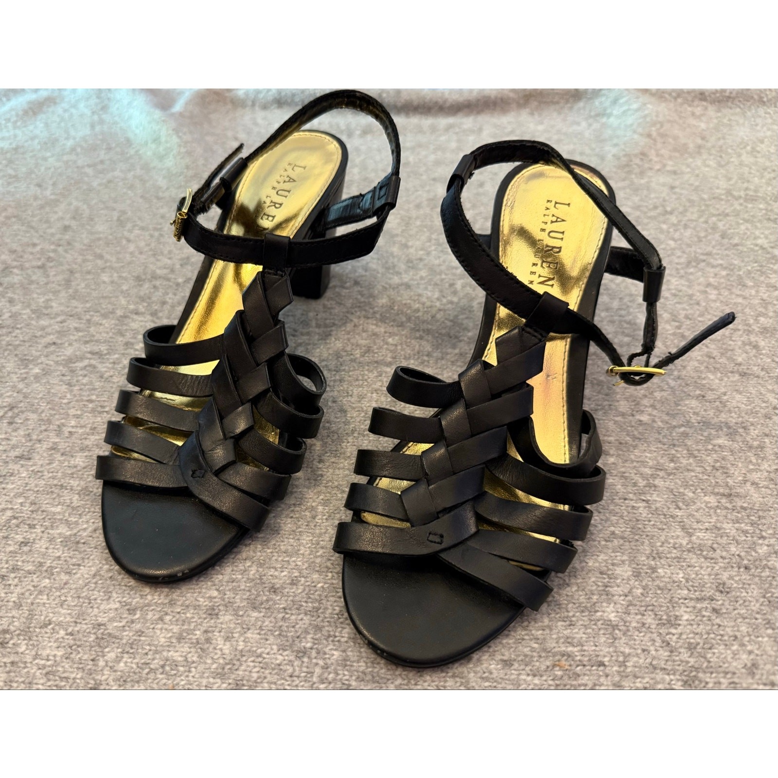 Lauren Ralph Lauren Langley Black Leather Woven T-Strap Block Heels Size 7B