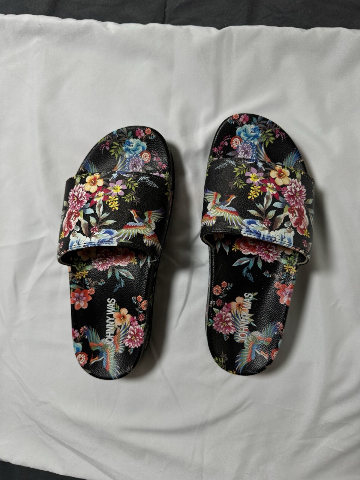 Johnny Was Womens Slide Sandals Floral Slip-On Leather Black Multi Size 8 Logo