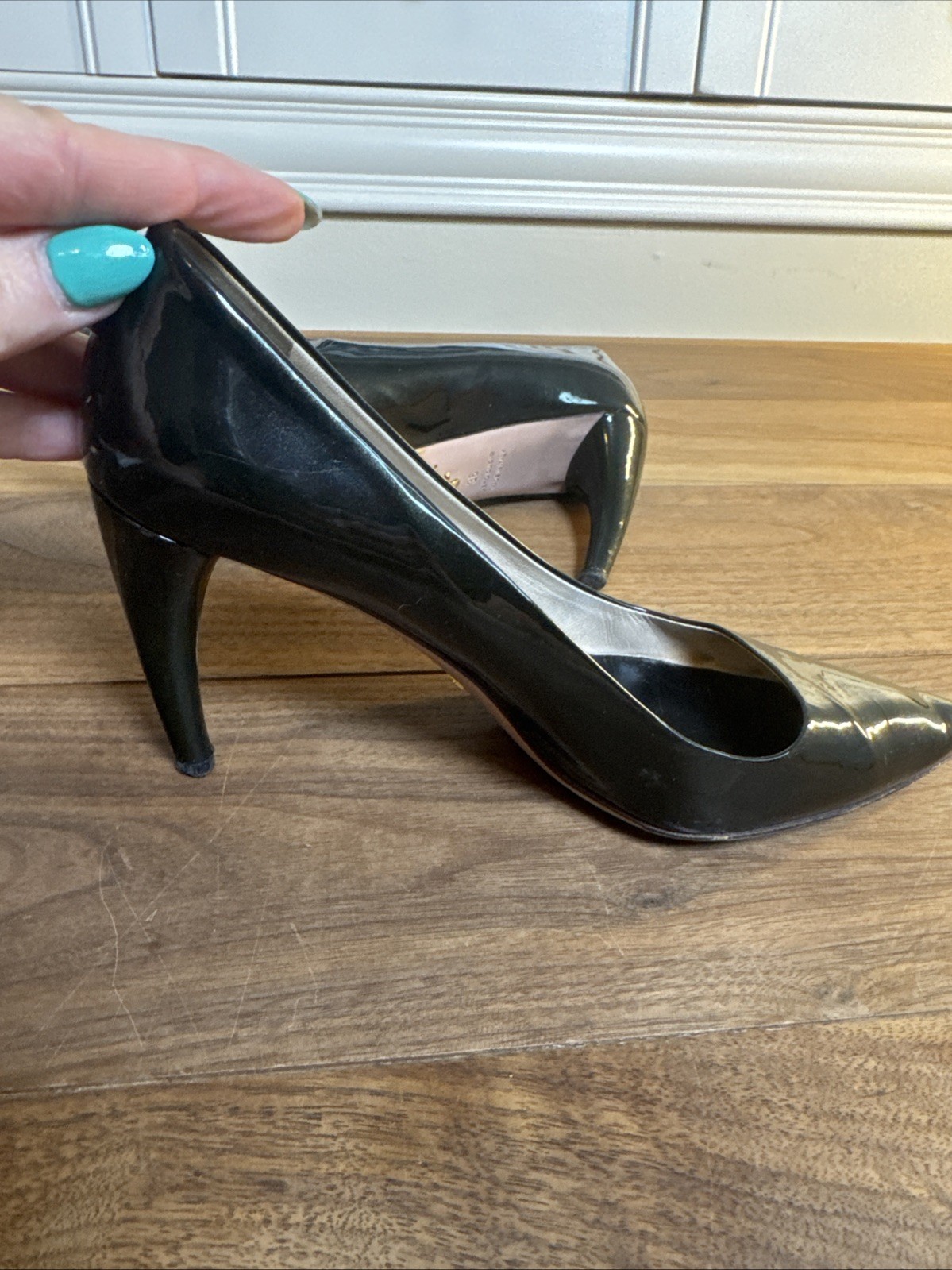 Prada Pumps Black Patent Leather Size 36 Pointed Toe Heels Designer 3.5 In Heel