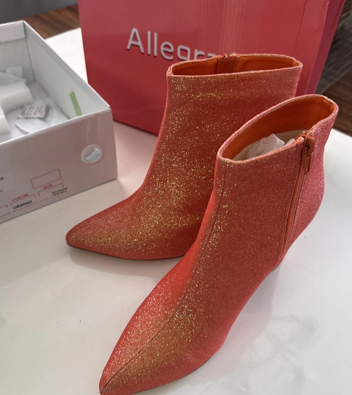 Allegra Orange Sparkle Booties Boots 8 NIB High Block Heel 3”