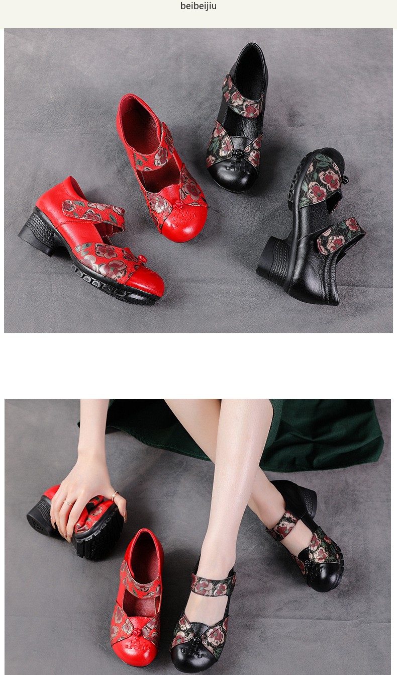 Women’s Low Heel Mary Janes Soft Leather Comfort Flower Shoes Ethnic Vintage Hot