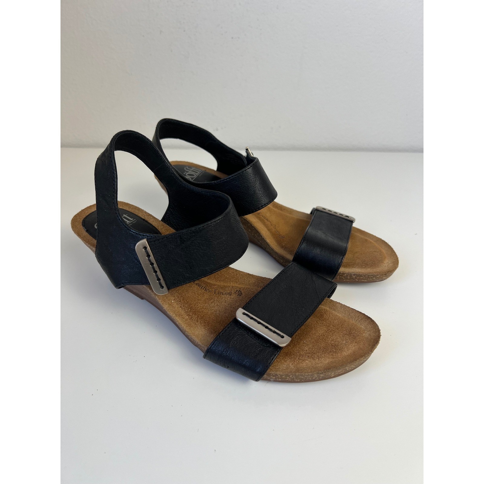 Sofft Verdi Black Leather Slingback Wedge Sandals US 9.5M Comfort Casual Travel