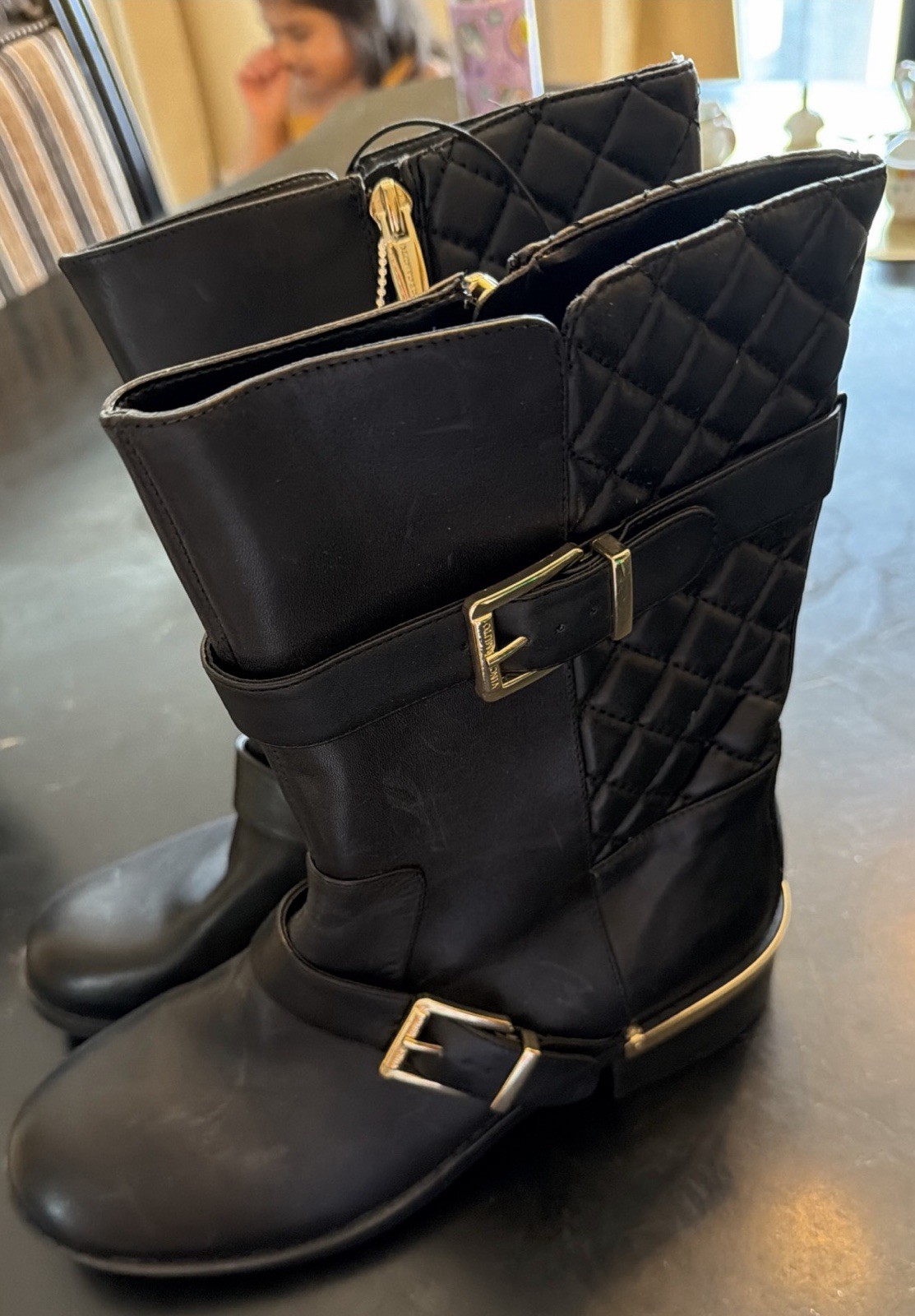 Vince Camuto Women’s Black Leather Mid-Calf Biker Boots, Quilted, Zip, US 8M