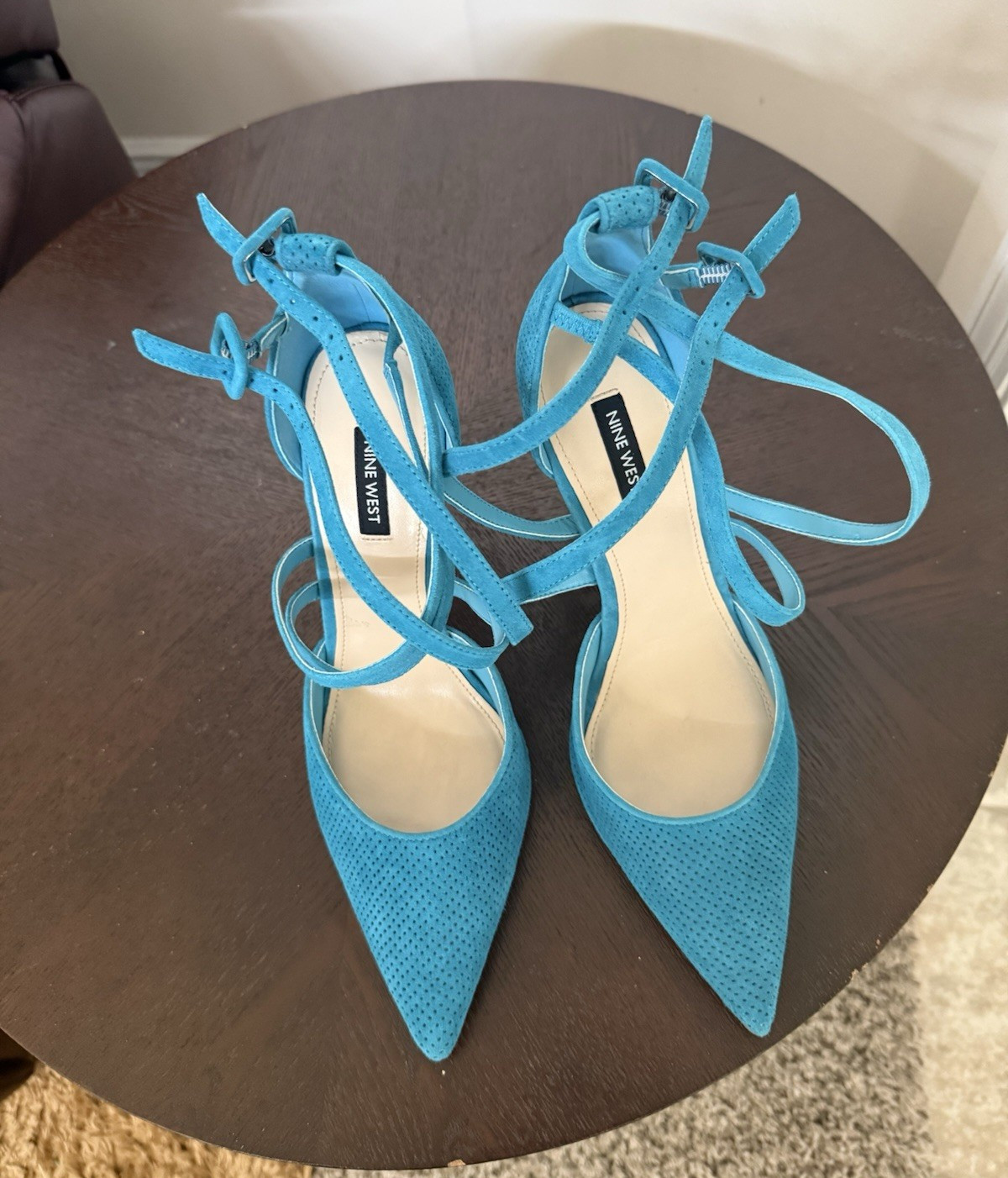 Nine West Blue Suede Strappy Ankle Strap Pointed Toe Stiletto Heels 9M