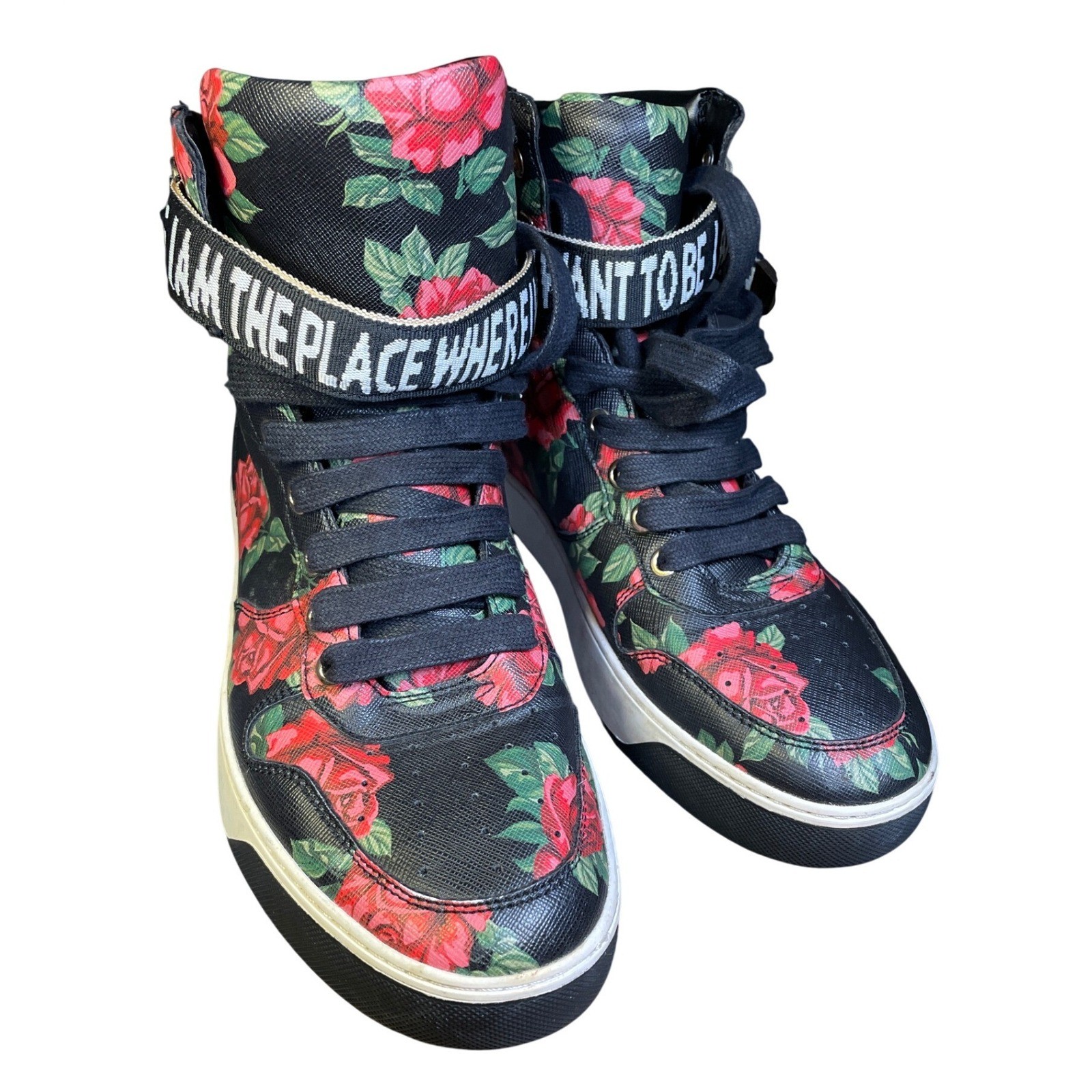 Rare Zara Man Floral Rose High Top Sneakers Black Red Ankle Strap Women Size 9