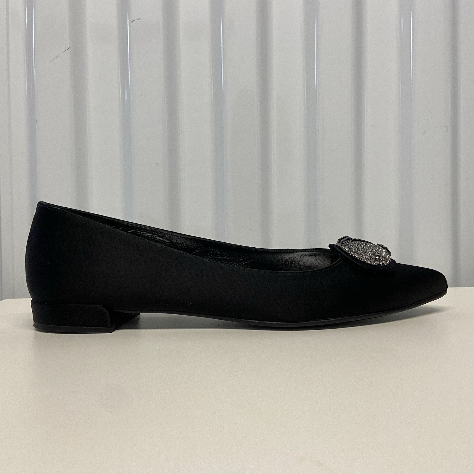 VTG 90s Stuart Weitzman Black Satin Pointed Toe Rhinestone Dress Flats 7 N
