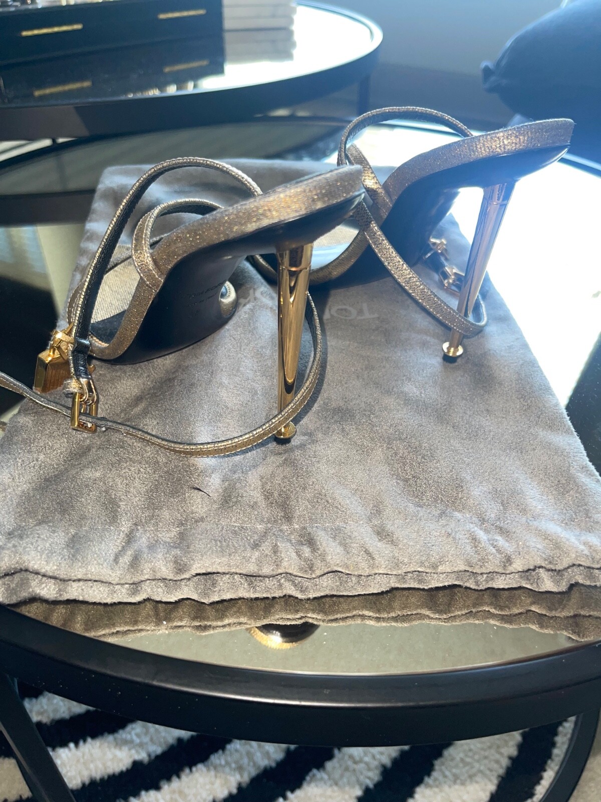 100% Authentic Tom Ford Demin Gold Metallic Padlock Heels Size 38 NEVER WORN