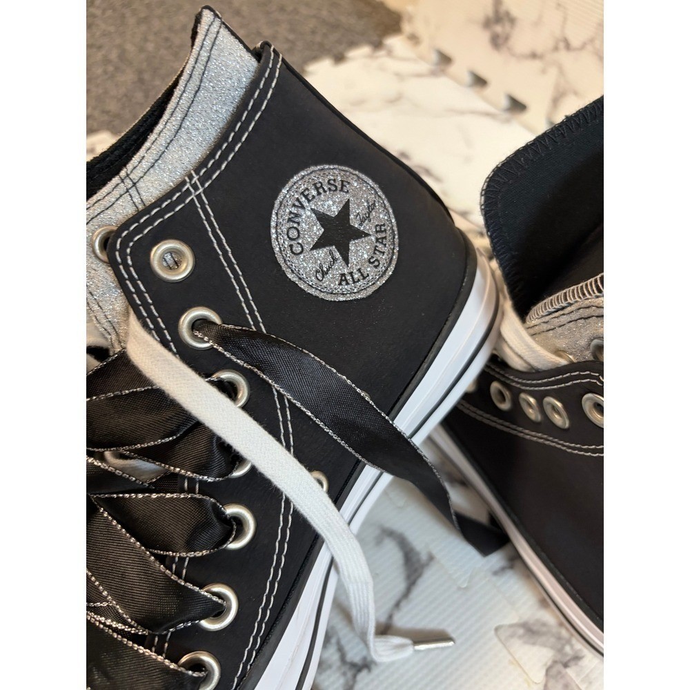 Converse All Star Black Silver Shine High Top Sneaker Satin Ribbon Laces Alt Y2K