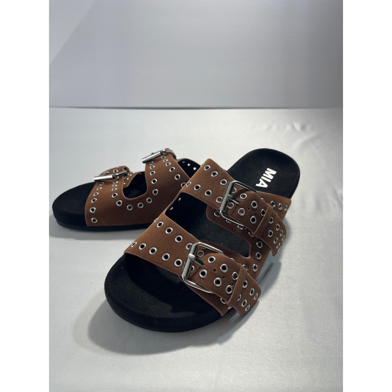 MIA Brooklyn Grommet Buckle Double Strap Slide Sandals Women 6 Brown Edgy Punk