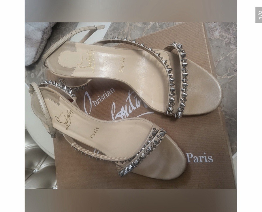 Christian Louboutin Women’s Beige Leather Spiked Ankle Strap Stilettos 8.5B
