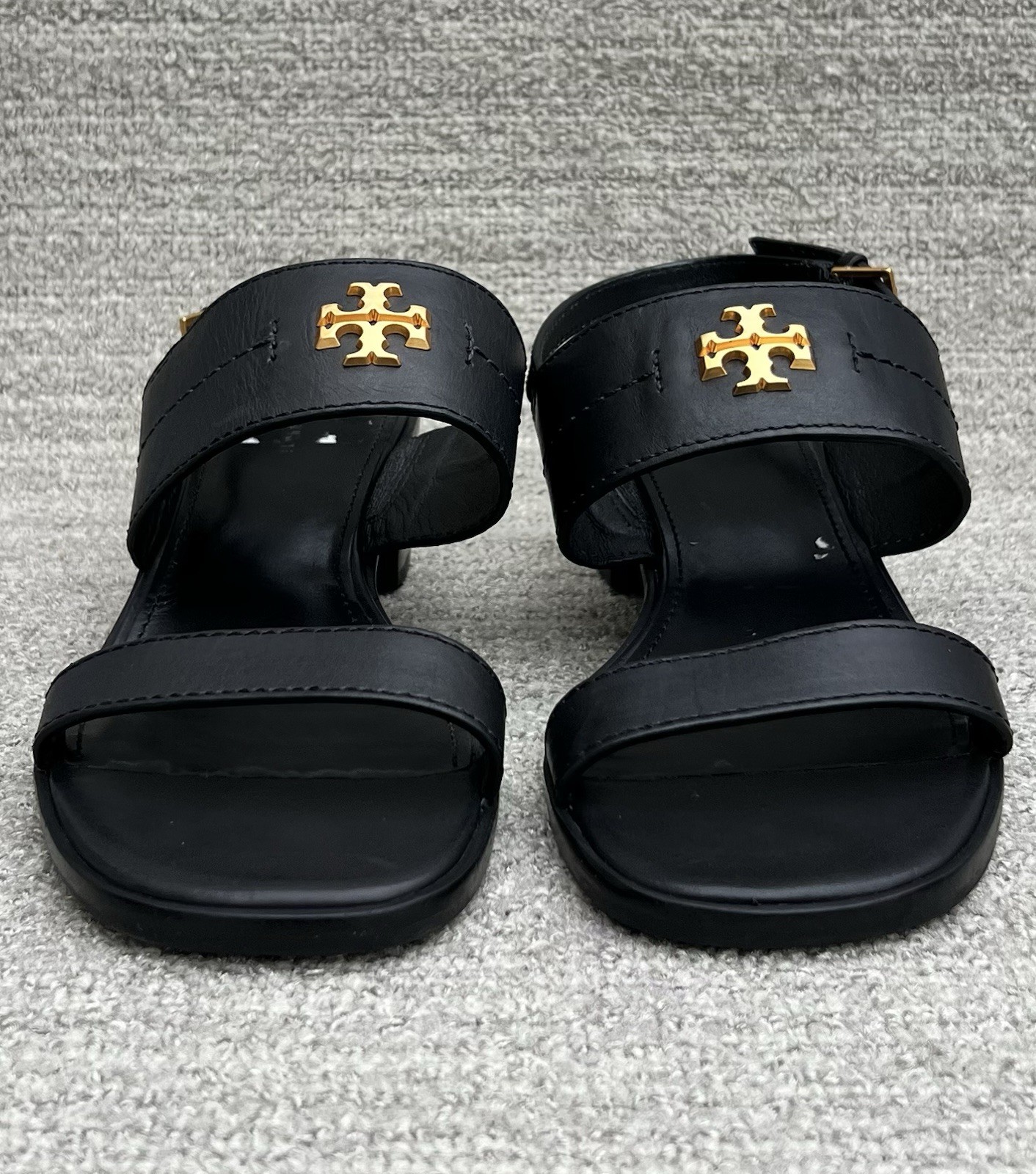 TORY BURCH Eleanor Block Heel Black Leather Sandals Women’s Size 10 US