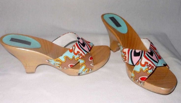 Emilio Pucci Wooden Wedge Sandals Multicolor Abstract Pattern Size 38 ITALY