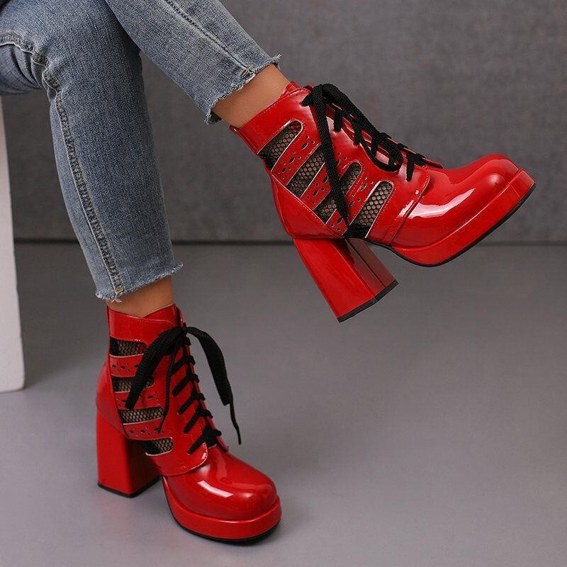 Chic Women’s Faux Leather Mesh Patchwork Sandals Lace Up Dress Party Ankle Boots