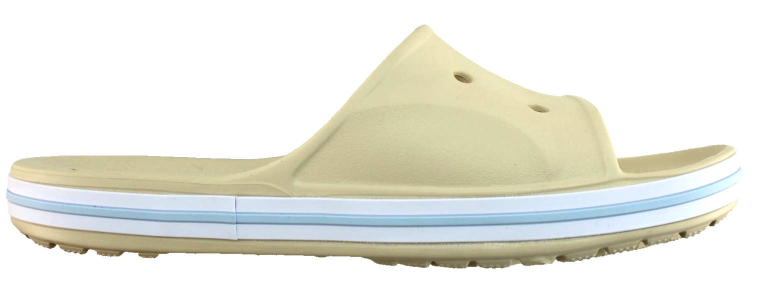 New CROCS Women’s 7 Bayaband Vanilla Cream /Blue Raised Crocs Logo Slide Sandals
