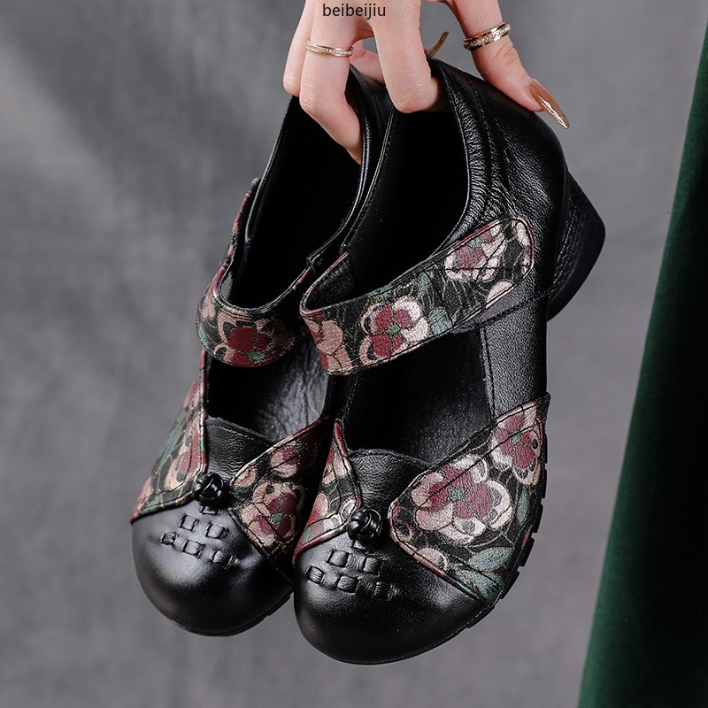 Women’s Low Heel Mary Janes Soft Leather Comfort Flower Shoes Ethnic Vintage Hot