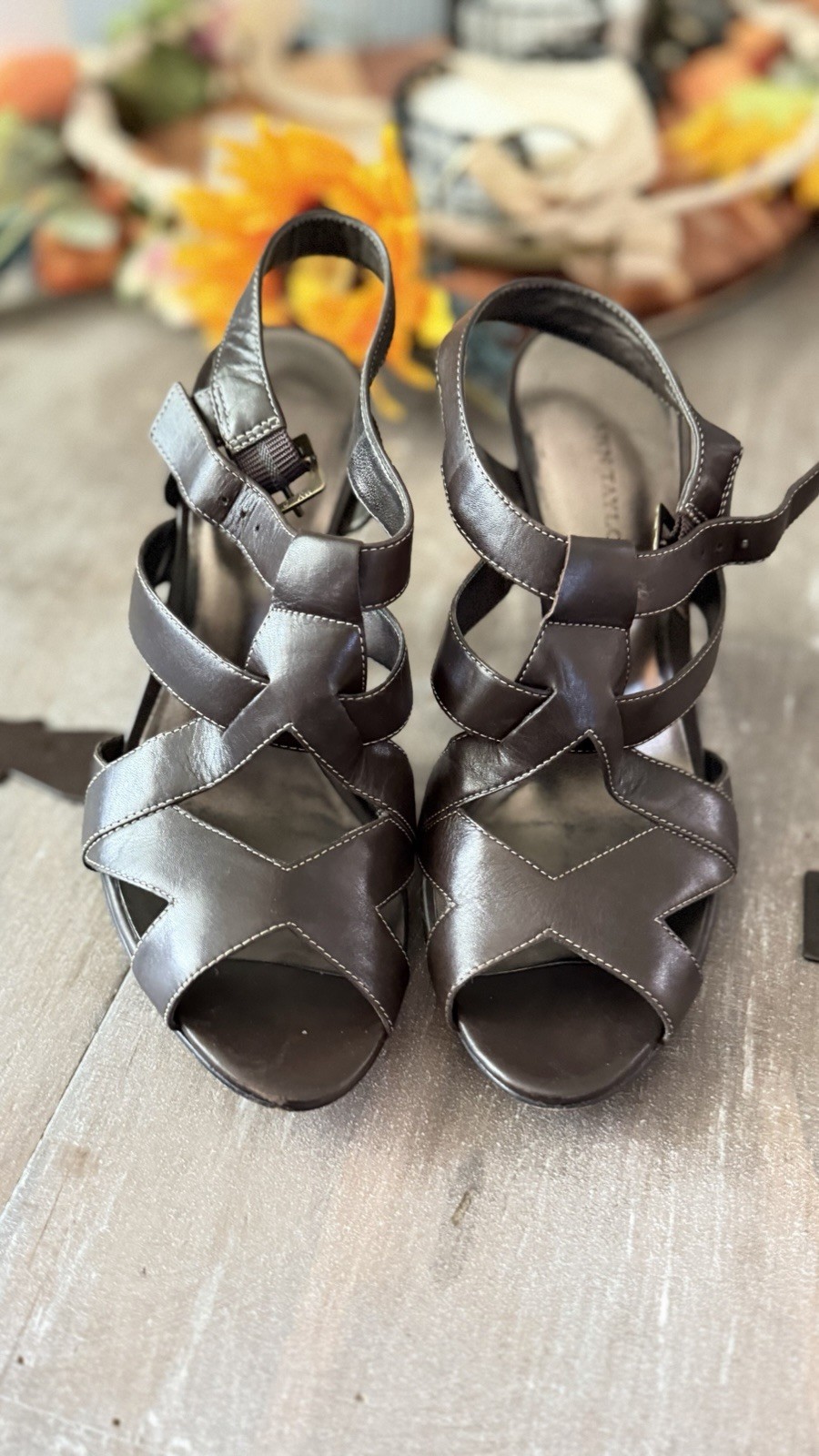 Ann Taylor Brown Leather Strappy Open Toe Slingback Heels w/ Buckle