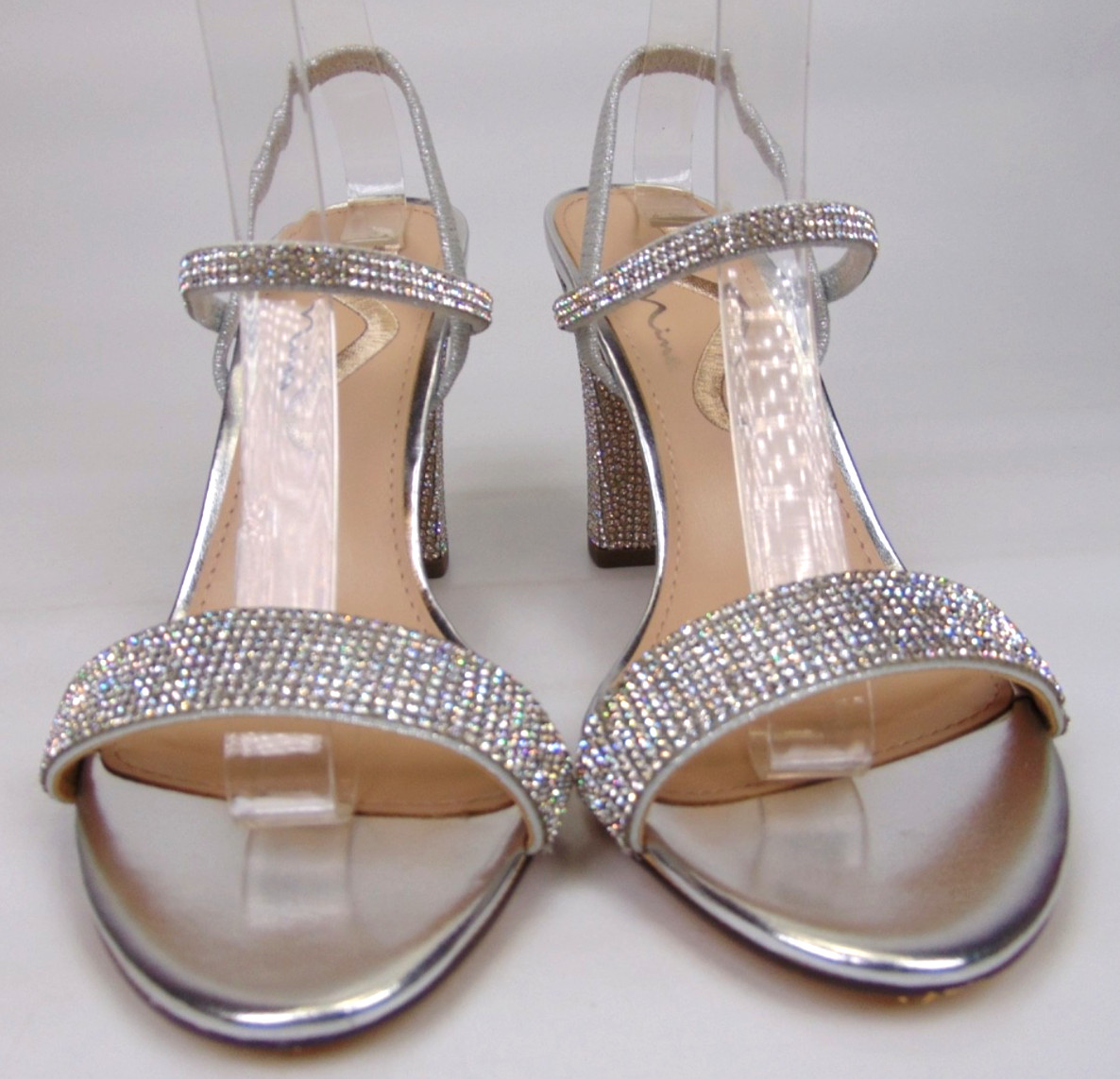 Nina Sanchia Evening Heels Sandals Womens Size 8.0 Med Rhinestone Silver Strappy