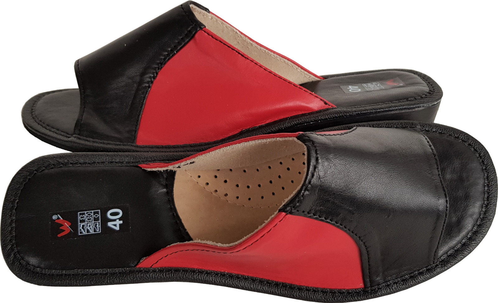 Mules-slippers-slides size 36 real leather, black-red, (pl396)