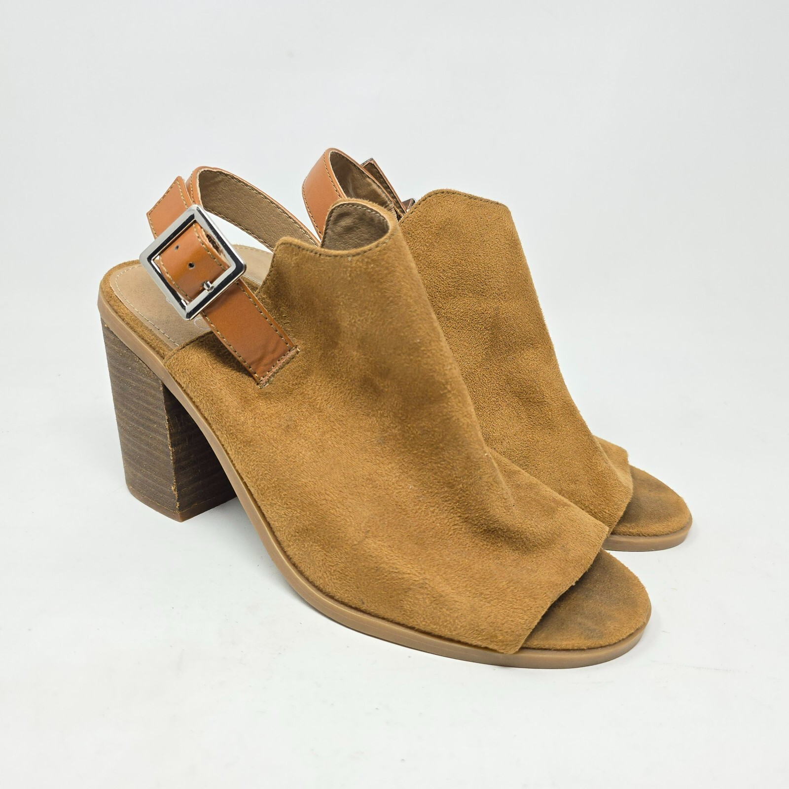 Cato Women’s Size 9 Tan Velvet Textile Peep Toe Sling Back Chunky Heels Sandals