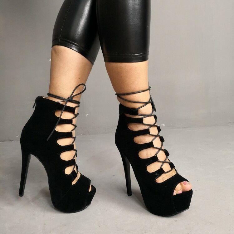 Womens High Stiletto Heel Platform Peep Toe Lace Up Zip Sandals Shoes Oversize